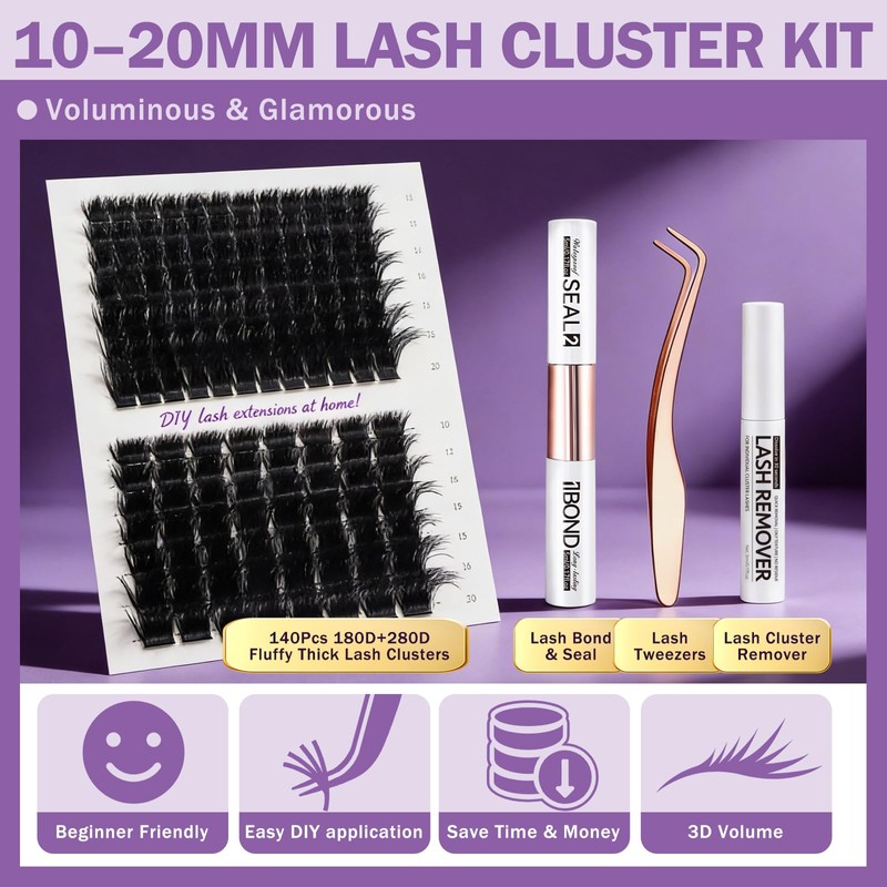 Fluffy Lash Cluster Kit 180D + 280D Mega Volume, 10–20mm