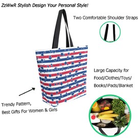 ZzWwR Chic USA Flag Stars and Stripes Pattern Extra Large Canvas Shoulder Tote Top Handle Bag for Gym Beach Travel Shopping