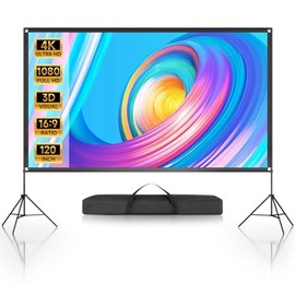 Projector Screen with Stand, 120 inch Portable Projector Screen for Indoor Outdoor 16:9 4K 1080p HD Wrinkle-Free Rear Front Projection Screen with Carry Bag for Backyard Movie Night