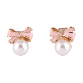 GRACE JUN Gold Plated bow-knot shape Pearl Clip on Earrings No Pierced for Women Ear Clip (Pink)