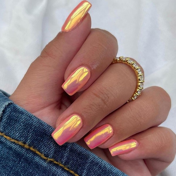 Pink Chrome Press on Nails Medium Square Fake Nails Aurora