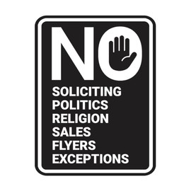 Retrato redondo No Soliciting No Politics No Religion No Sales No Flyers No Exceptions Sign (negro) - Pequeño