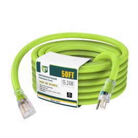 EP 50 Ft Lighted Outdoor Extension Cord - 10/3 SJTW Heavy Duty Green Extension Cable with 3 Prong Grounded Plug for Safety, UL Listed