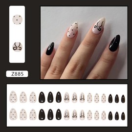 30Pcs Black Wave Point Press on Nails Short Almond Shape Bow Fake Nails with Designs White Acrylic Nails Glue on Nails Glossy False Nails Black Bows Press on False Nails for Women Manicure Supplies