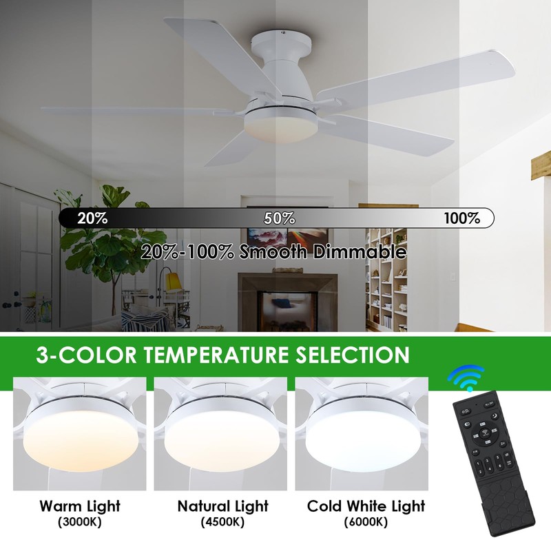 Ceiling Fans with Lights, 56" Flush Mount Ceiling Fan with