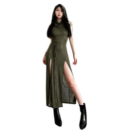 Women's Gothic Sleeveless Hooded Dress Y2K Side Split Hollow Out Midi Dress Bodycon Cocktail Party Club Dresses Green