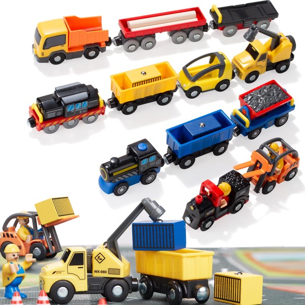 Giant bean 12 Vehicles Battery Operated Train Car Set Accessories, Magnetic Mini Construction Set for Wooden Train Tracks, Bulk Car Toys for Toddlers 3 4 5 Year Boys Girls Kids, Fits for Major Brands