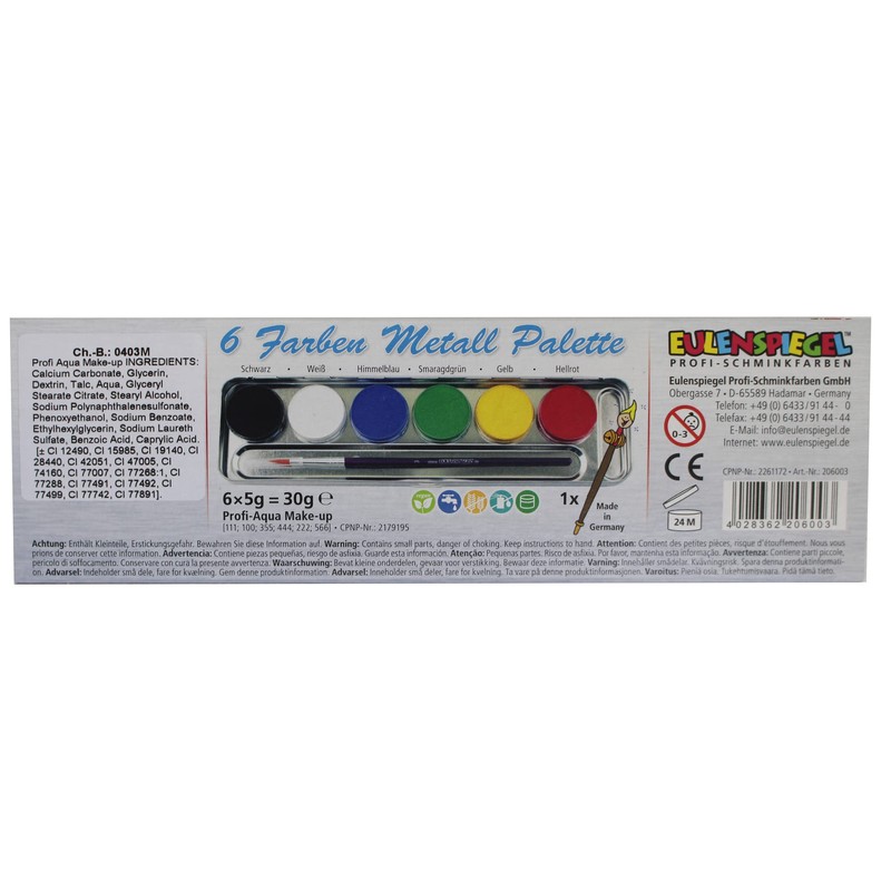 Eulenspiegel 206003 Professional Aqua Make-Up 6 Colours Metal Palette