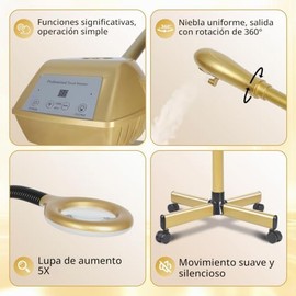 Vaporizador facial profesional con altura y ángulo ajustables. Limpia la piel, reafirma los poros e hidrata. Ideal para belleza, spa y hogar (dorado).
