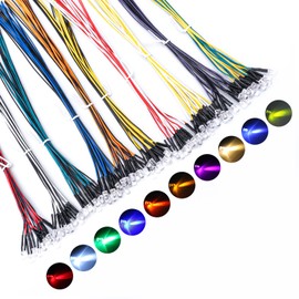 DiCUNO 100Pcs (10 Colors × 10Pcs) 5MM Pre Wired 12V LED Diodes, 9.4 Inch/24CM Ultra Bright Light Emitting Diodes Assorted Color Kit Box for Circuit Science Experiment, DIY Lighting Projects