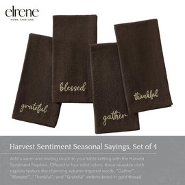 Elrene Home Fashions Harvest Fall Sentiment Embroidered Napkins, Set of 4, 17"x17", Brown