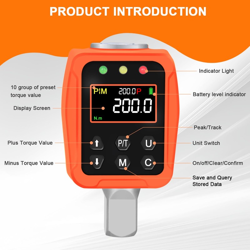 ATsafepro Digital Torque Adapter 1/2" 10-200 Nm,Digital Torque Wrench with