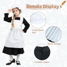 Wizland Victorian Maid Costume for Girls,Victorian Village Medieval Outfit with Dress&Hat,Kids Prairie Vintage Fancy Dress for age 10-12(Black