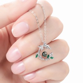 Chain 925 Sterling Silver with Forest Plants Pendant for Women Ladies Green Stone Beads Necklace Zirconia Friendship Happiness Jewellery for Children Teenagers Girls Confirmation Birthday Gift,