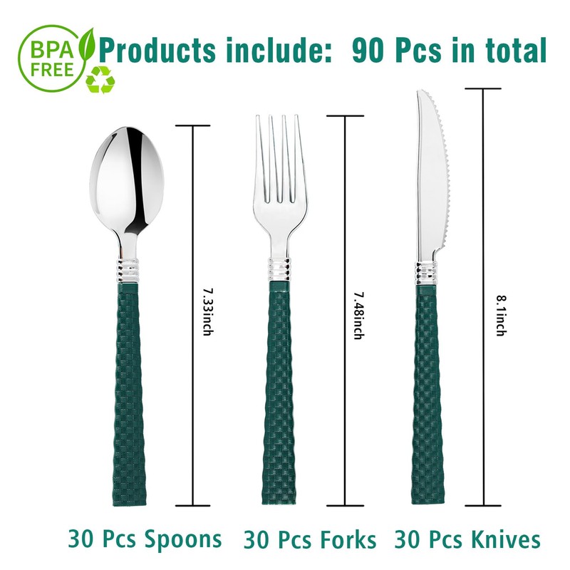 N9R 90pcs Silver and Green Disposable Silverware Set, Elegant Plastic