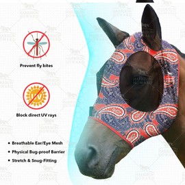 Harrison Howard Super Comfort Stretchy Fitting Horse Fly Mask with UV Protection Soft on Skin with Breathability Orange Paisley M Cob
