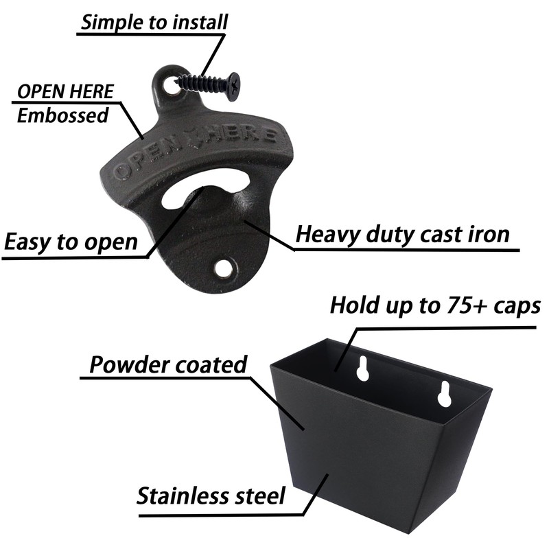 Luwanburg Black Cast Iron Bottle Opener Wall Mounted Beer Top
