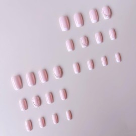 Pink Press on Nails Medium Coffin Fake Nails White French Tip False Nails with Pearl Charms Design Glue on Nails Glossy Full Cover Stick on Nails Elegant Acrylic Nails for Women Manicure 24Pcs