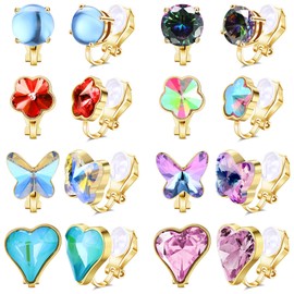 Roheafer 8 Pairs Clip On Earrings Set for Women, Non Pierced Ear Clips for CZ Heart Butterfly Flower Earrings, Hypoallergenic, Non-Penetrating, Fake Earrings, Clip On Earrings for Girls, Jewellery,