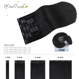 Extensiones de cabello con clip WindTouch Extensiones de cabello humano real Extensiones de cabello negro Cabello Remy 7 piezas 18 pulgadas 75 g #1B N
