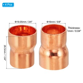PATIKIL 3/4" to 5/8" ID Copper Reducer, 4pcs 99.9% Pure Copper Reducing Coupling Pressure Fitting Pipe Tube Connector Adapter with Sweat Solder Connection for HVAC Refrigeration System