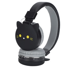 Yunseity Children's Headphones with Microphone, Foldable Headphones with Cute Animal Shape, Wireless/Wired Bluetooth Children's Headset, TF Support, FM Radio, (Small Black Cat)