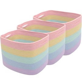 BEIDUOLE Set of 3 Cute Rainbow Storage Basket for Toys & Cloths, Cotton Rope Basket for Decor, Shoe Basket Organizers, Decorative Pastel Storage Bins, Woven Storage Baskets for Organizing