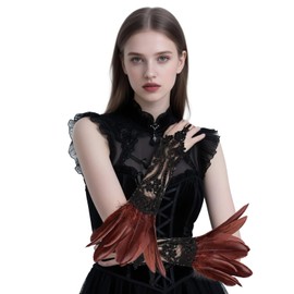 MAOFENG Women's Gothic Goose Feather Gloves Witch Angel Costume Accessories Swan Wings Wrist Bands Lace Fingerless Gloves,Coffee