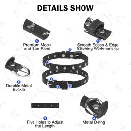 DILLYBUD Leather Dog Collar for Puppy Small Medium Dogs, Adjustable Star Moon Rivet Studded Pet Collars with Rust-Proof Metal Buckle and Charms, Dog Collars for Boy and Girls, Size 12-15" Black