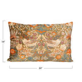 Creative Co-Op Cotton Velvet Birds and Flowers Lumbar Pillow, Multicolor