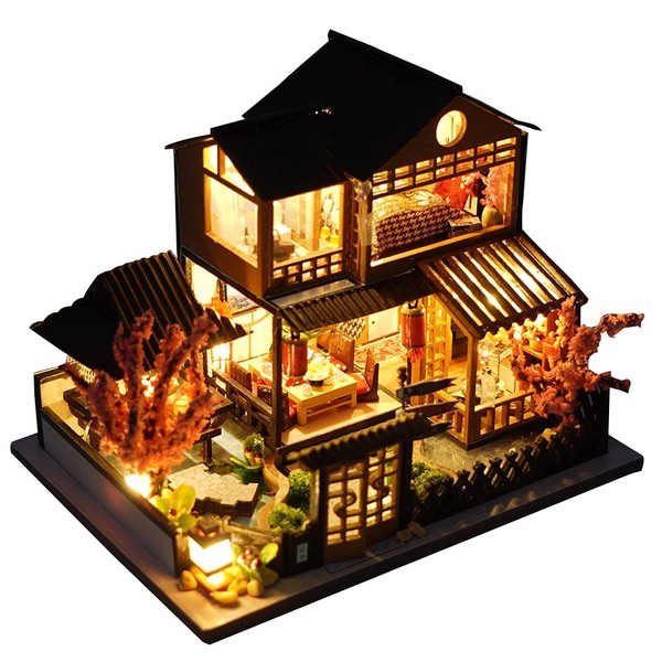 WDC Miniature Wooden Dollhouse Japanese/Seaside/Auto Market DIY Doll House Kit Villa Building 3D Model Creative Gifts for Friend Parents (Japanese style villa),9.8*12.6*9.5 cm