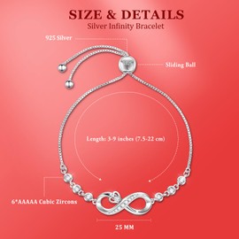 Infinity Bracelet Sterling Silver Bracelets for Women,Bracelets for Womens Silver,Silver Jewellery for Women,Adjustable Ladies Silver Bracelets,Friendship Bracelet,Sister Bracelet,Gift for Christmas
