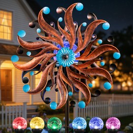 360°Solar Wind Spinners for Yard and Garden - Outdoor Metal Wind Sculptures & Spinners, Vintage Copper Blue Kinetic Art with Solar Powered LED Multi-Color Glass Ball Lights for Patio, Lawn Decor