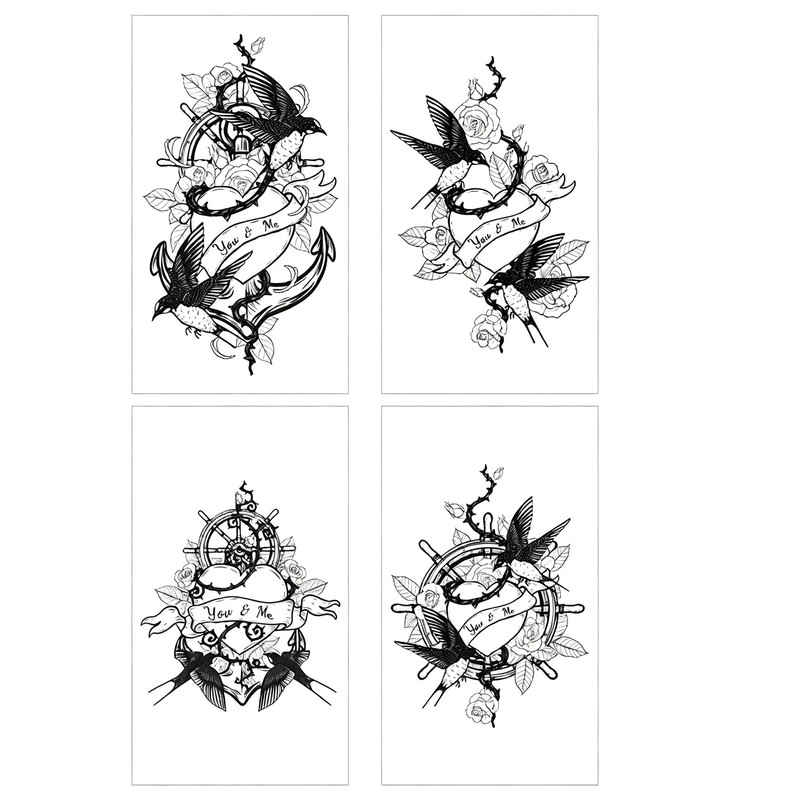 4 Sheets Swallow Heart Tattoos. Black Nautical Temporary Sticker Set.