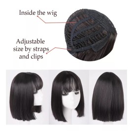 Huaya Peluca Negra Cabello Sintético Lacio Corto Con Fleco Liso
