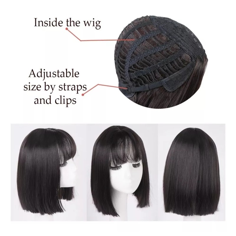 Huaya Peluca Negra Cabello Sintético Lacio Corto Con Fleco Liso