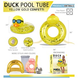 POZA Inflatable Duck Pool Float Tube - Heavy Duty Vinyl UV Resistant Confetti Pool Duck Floatie, Animal Pool Float Swim Ring Pool Inflatables for Kids, Adults for Beach, Party, Vacation - Yellow Gold