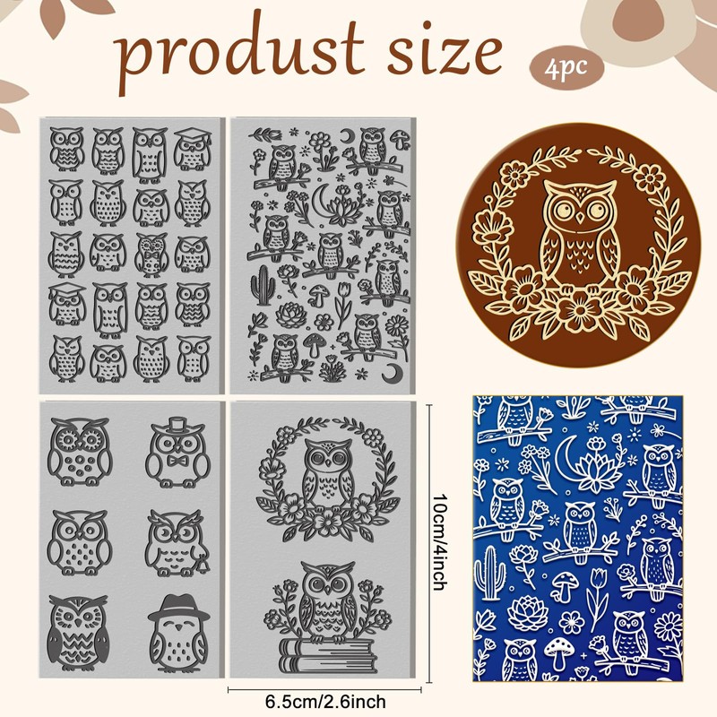 CONCHLERY 4 Sheets Clay Texture Sheets Owl Flowers Plants Books