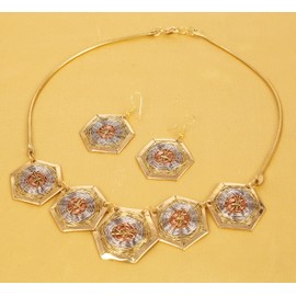 NEW! Touchstone Indian Bollywood Fashion Handcrafted Fascinating Basket Weave Concentric Wires Hexagon Shape Designer Jewelry Necklace Set In Gold Silver Copper Tones For Women.