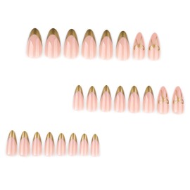 24Pcs Gold Press on Nails Medium Almond Nails French Tip Fake Nails with Design Reusable Bow Acrylic Nails Full Cover French Nail Tips Stick on Nails Nude False Nails Gold Bow Glue on Nails for Women