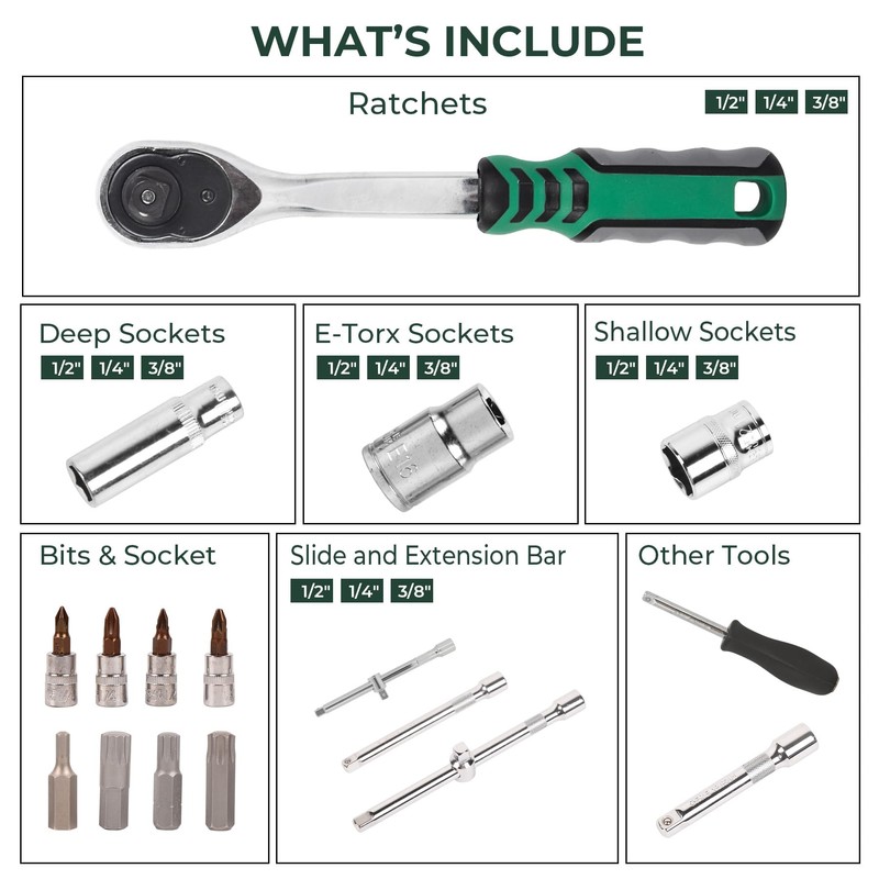 Dawot 172pcs Socket and Drive Tool Set 1/2" 1/4" 3/8"