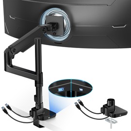 ARES WING Ultrawide Monitor Mount with USB A/C, with Extended Column for 17 to 49 inch Heavy Duty Monitor, Holds 44 lbs, Adjustable Gas Spring Desk Mount, Black