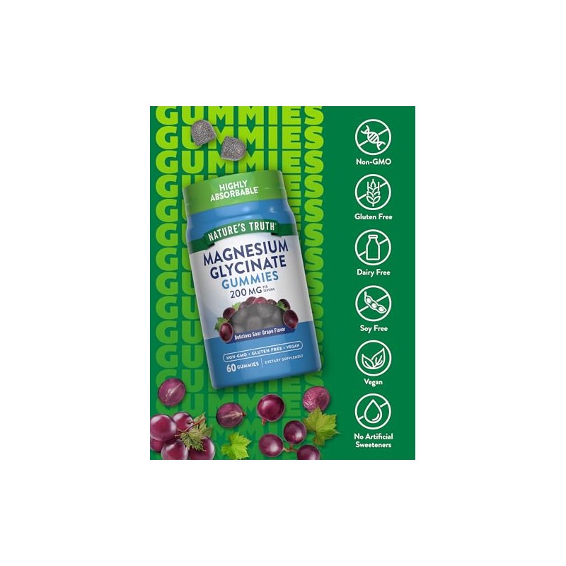 Natures Truth Glicinato de Magnesio 200 mg 60 Gomitas Sabor