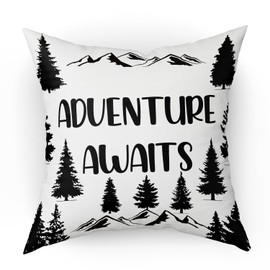 Throw Pillow Cover with Mountain, Adventure Awaits, Double Sided Home Cabin Waist Pillowcase 18 x 18 Inch for Bed and Couch, Camper Gift for Her Him, Living Room Office Camping Cushion Cover -03