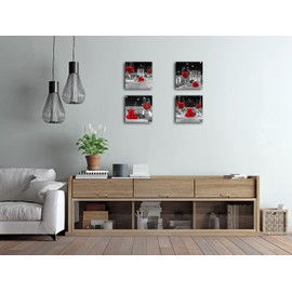 Biufo Kitchen Canvas Wall Art Prints Black and White Wine Rose Floral Painting Picture for Dining Room Restaurant Wall Decor (12"x12"-4Pcs, Red)