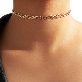 Wendalern Gold Chain Choker Necklace Petite Chunky Necklace Simple Geometric Chain Necklace Minimalist Table Chain Necklace Gold-Plated Clavicle Necklace Jewellery for Women Girls