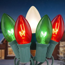 25ft Red White and Green Outdoor Christmas Lights,C9 Clear Incandescent Christmas Lights With 26 Multicolor Bulbs,Waterproof Christmas String Lights Plug In for Roofline Christmas Tree Garden Decor