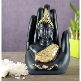 Tied Ribbons Palm Buddha Statue | Black and Golden | 6.9 X 3.5 inch | Decorative Buddha Sculpture Idol for Home, Living Room, Table Decoration, Garden Outdoor