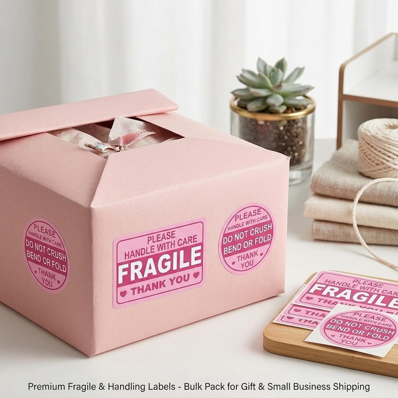 Baiinjiene 300 Pcs Fragile Stickers for Shipping, Pink Handle with