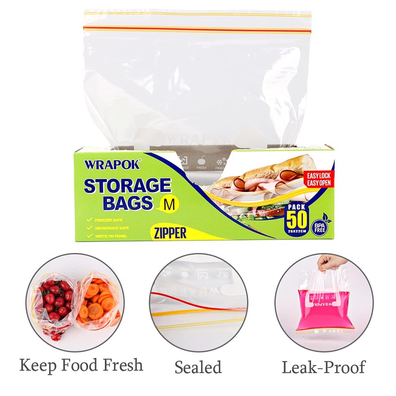WRAPOK Medium Freezer Bags Ziplock Reusable Sandwich Plastic Food Bags